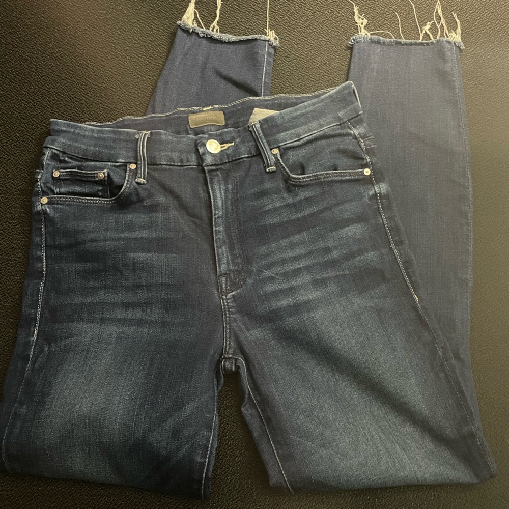 MOTHER high waisted Looker ankle fray dark wash denim jeans sz 28